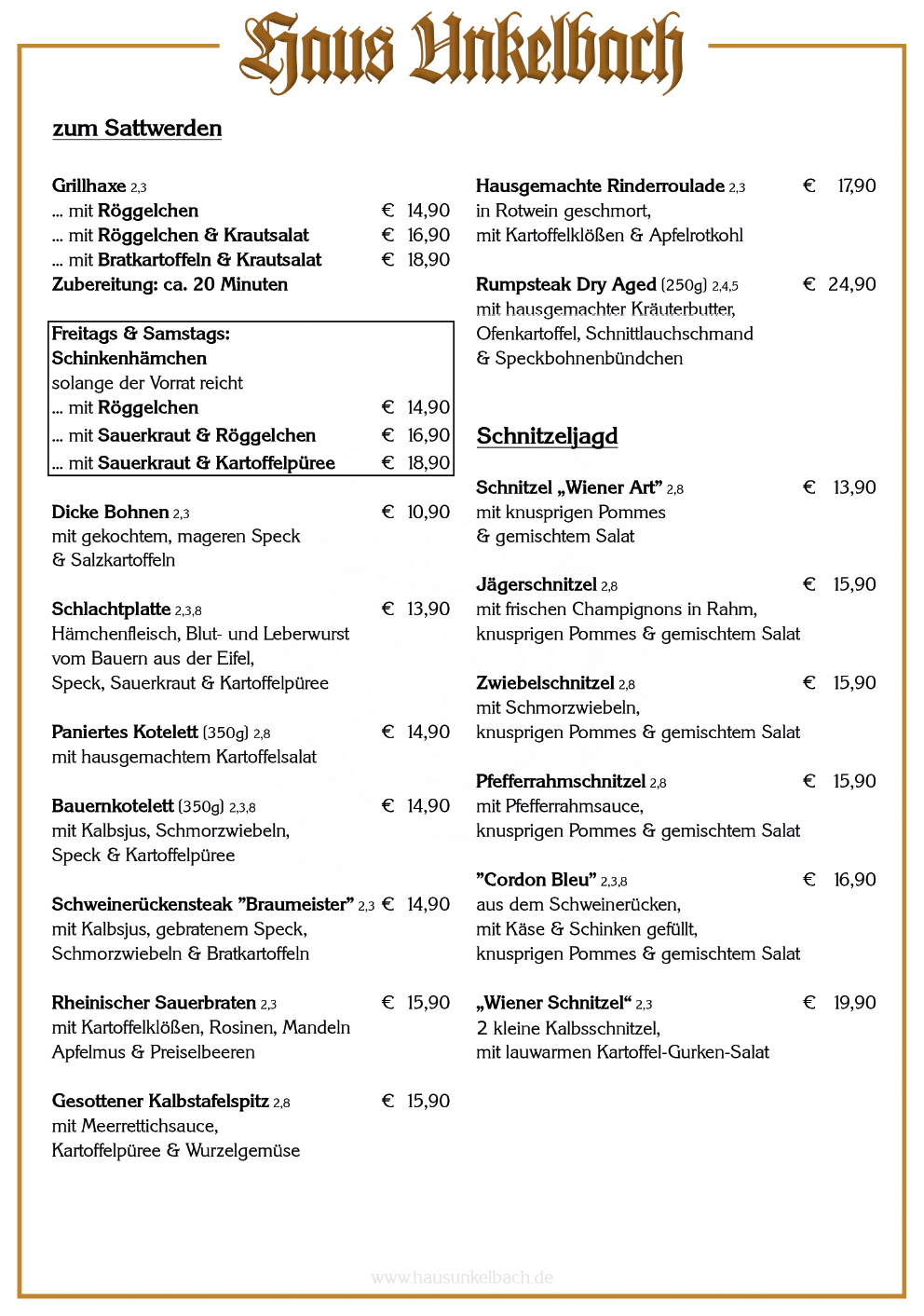 Speisekarte Im Haus Unkelbach Haus Unkelbach