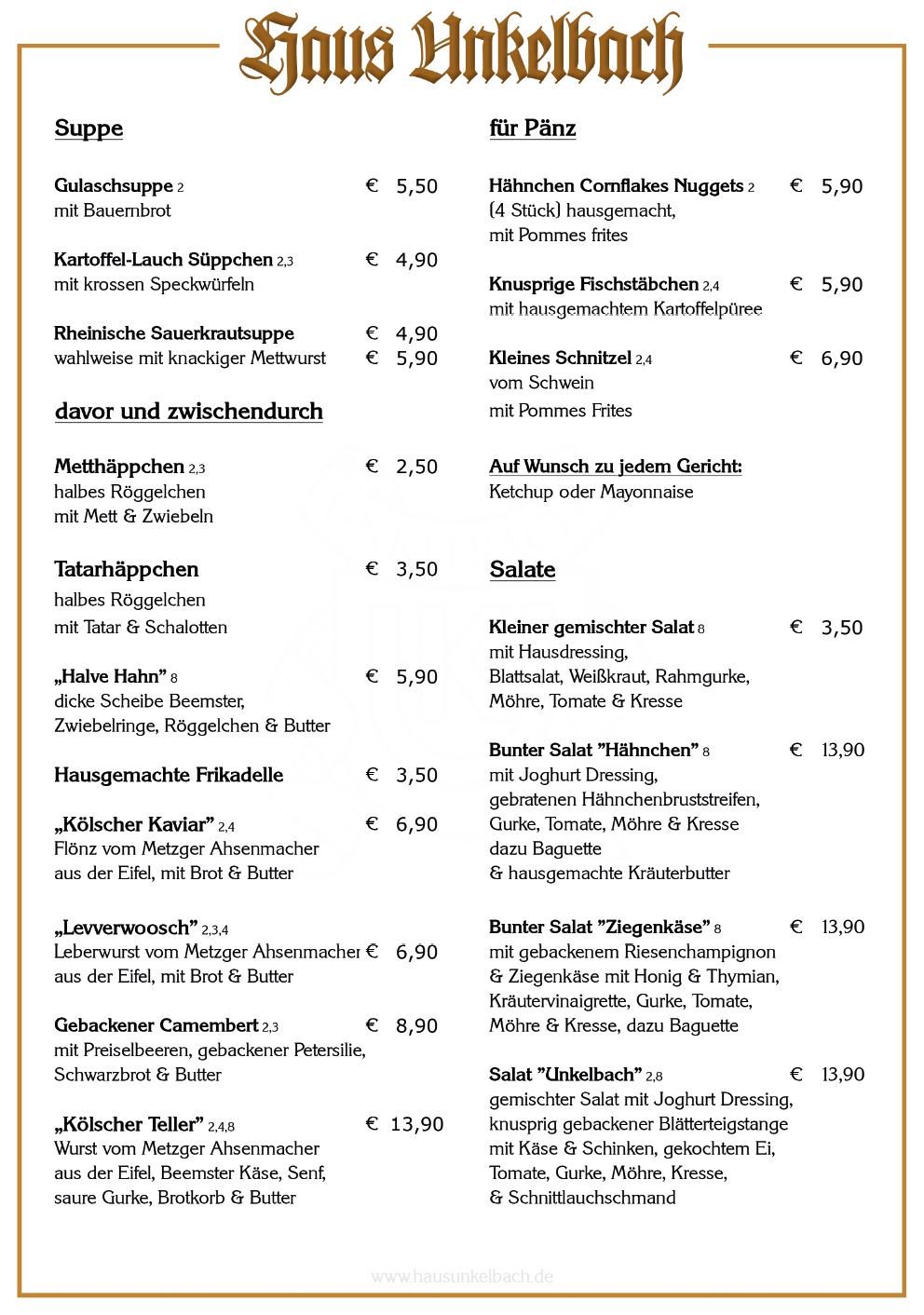 Speisekarte Im Haus Unkelbach Haus Unkelbach